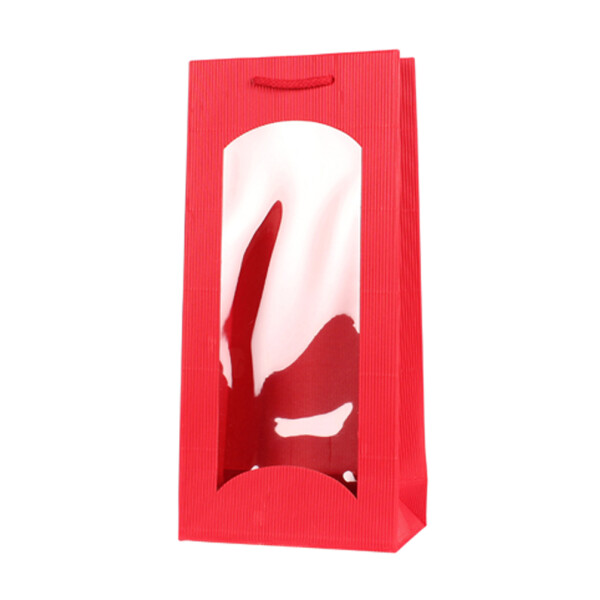 Flaschen-Tragetasche, offene Welle mit Fenster 170+90x360mm rot