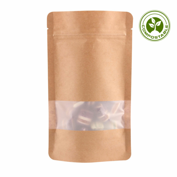 Doypack - Stand up pouch Kraft paper with sight window- Industrially compostable