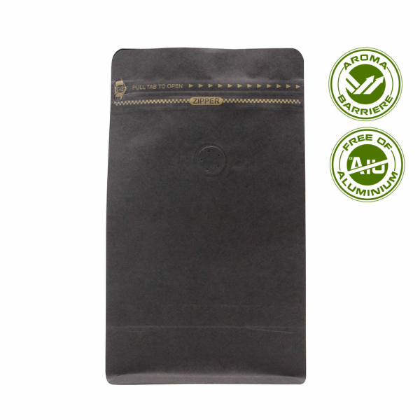Flat bottom pouch with valve and pocket zipper - Kraft paper black